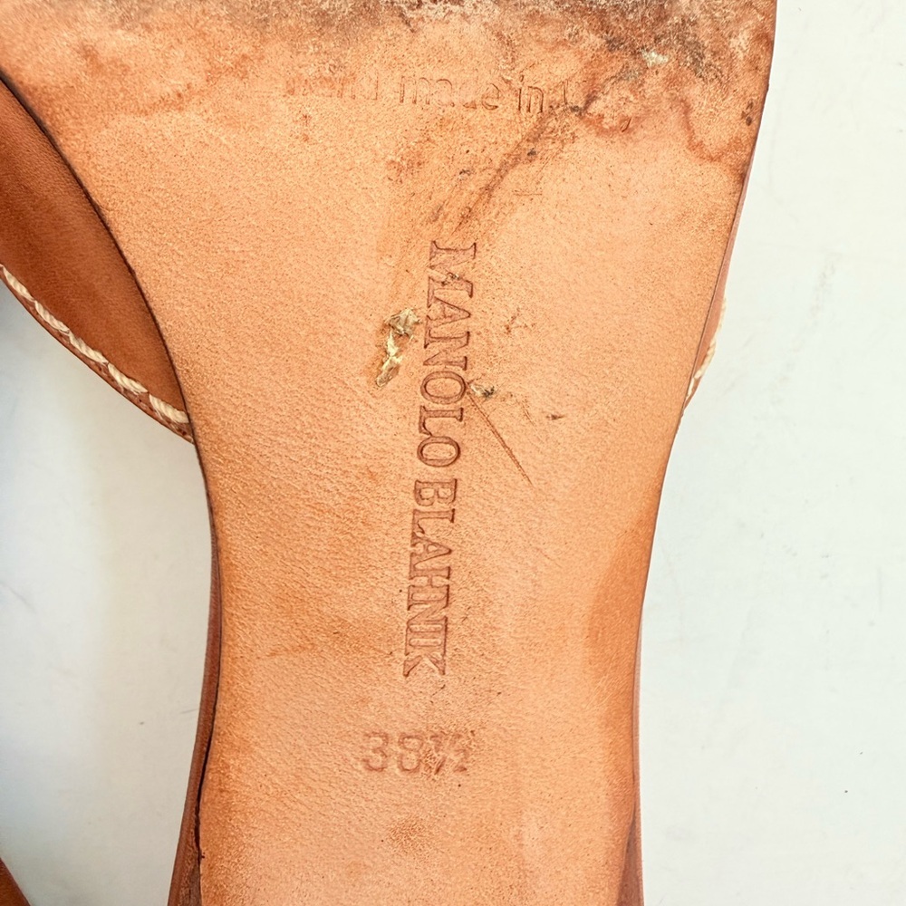 Vintage Manolo Blahnik Brown Leather Contrast Stitch Bow Mule kitten Heels 38.5 - Picture 9 of 9
